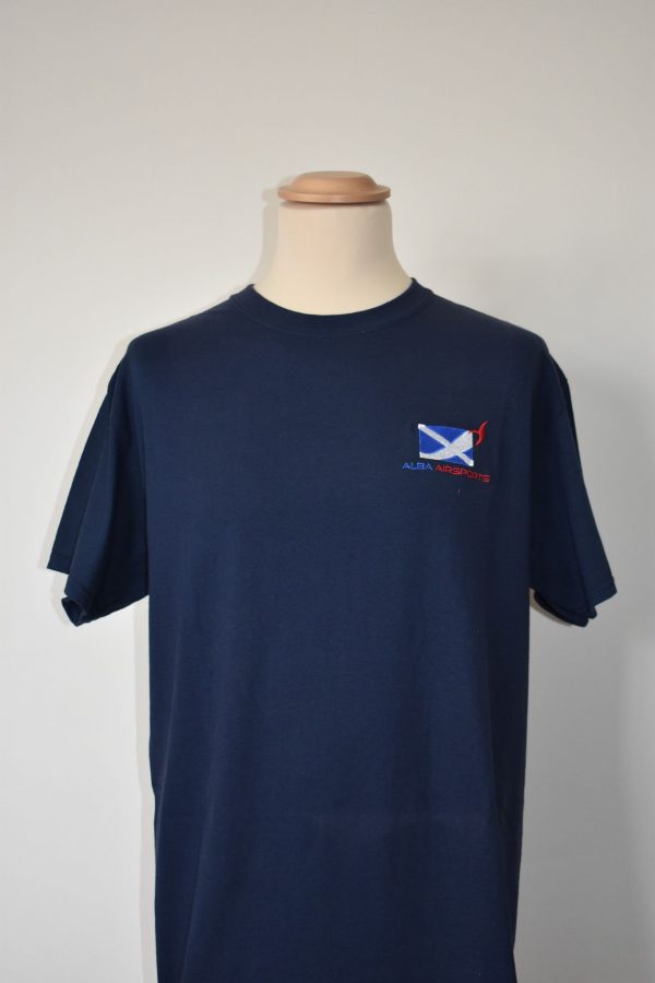 Merchandise - Navy round neck t-shirt with Alba Airsports logo.